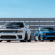 The 2020 Dodge Charger Scat Pack Widebody (left) and Charger Hellcat (right).